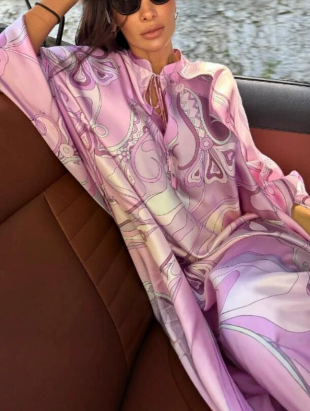 Casual Dresses Oversized Women's Print Kaftan Maxi Dress With Pink Pattern Loose Fit Full Sleeve Long Summer Beach Vacation Outfit Robe