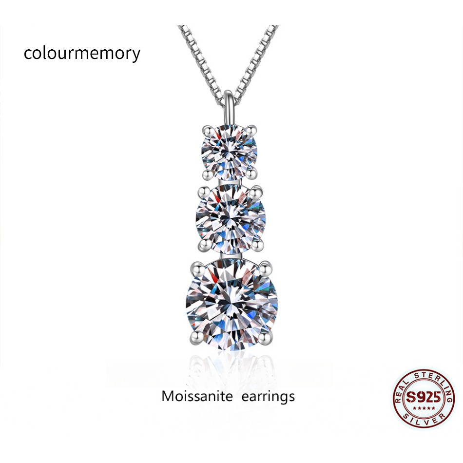 S925 Sterling Silver D Color VVS1 Moissanite Three-Stone Pendant Necklace, With GRA Certificate-image-1106473118