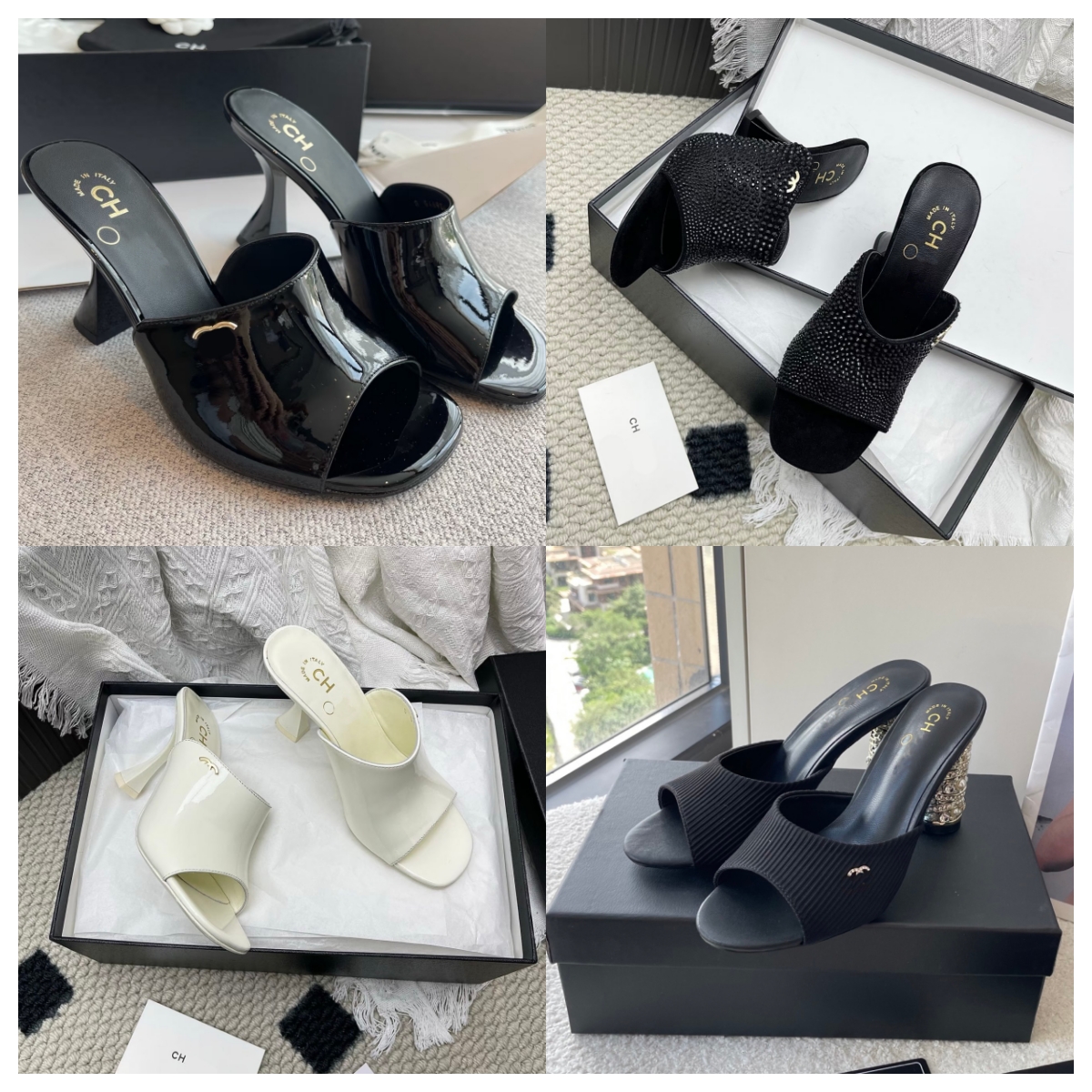 2026 New Designer Cha Style Black Patent Mules for Women - Open Toe High Heel Slide Sandals with Gold CC Logo