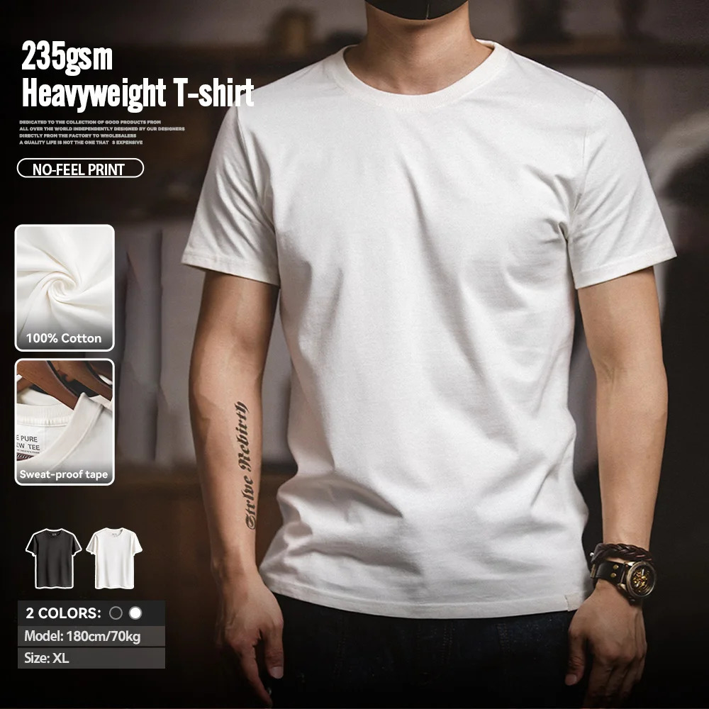 Maden 1Pc2Pcs Solid Cotton Short-sleeved T-shirts Round Neck Black Beige T-Shirt Mens Summer Classic Heavyweight Versatile Tee 260516BJ