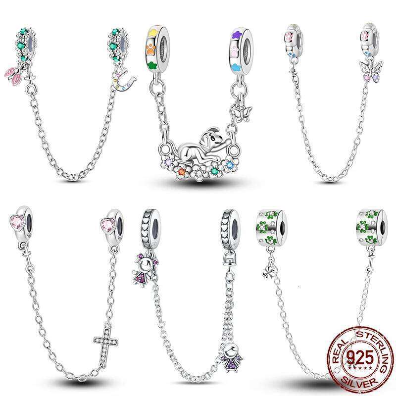 New 100% 925 Silver Lucky Clover Safety Chain Charms Bead Fits Original Pan Bracelet Pendant Women Fashion Fine Diy Jewelry 8f014