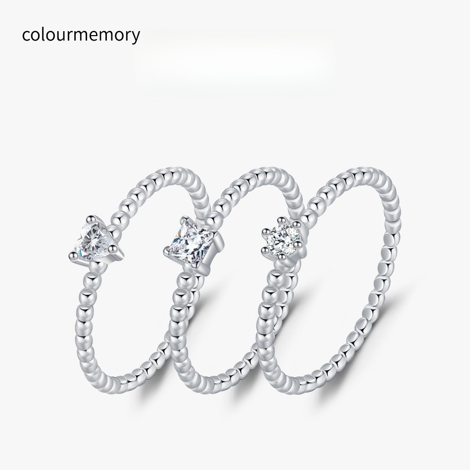 S925 Sterling Silver D Color VVS1 Moissanite Ring, Heart/Square/Round 3 Styles, Beaded Band, Korean Sweet Style, For Women-image-1106643399