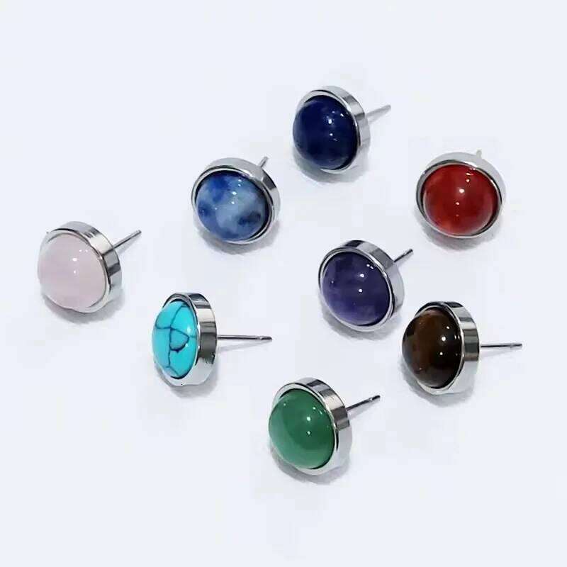 1pair Natural Stone Earrings Healing Crystal Quartzs Round Beads Steel Stud Fashion Ear for Women Jewelry Gifts 3ce4f