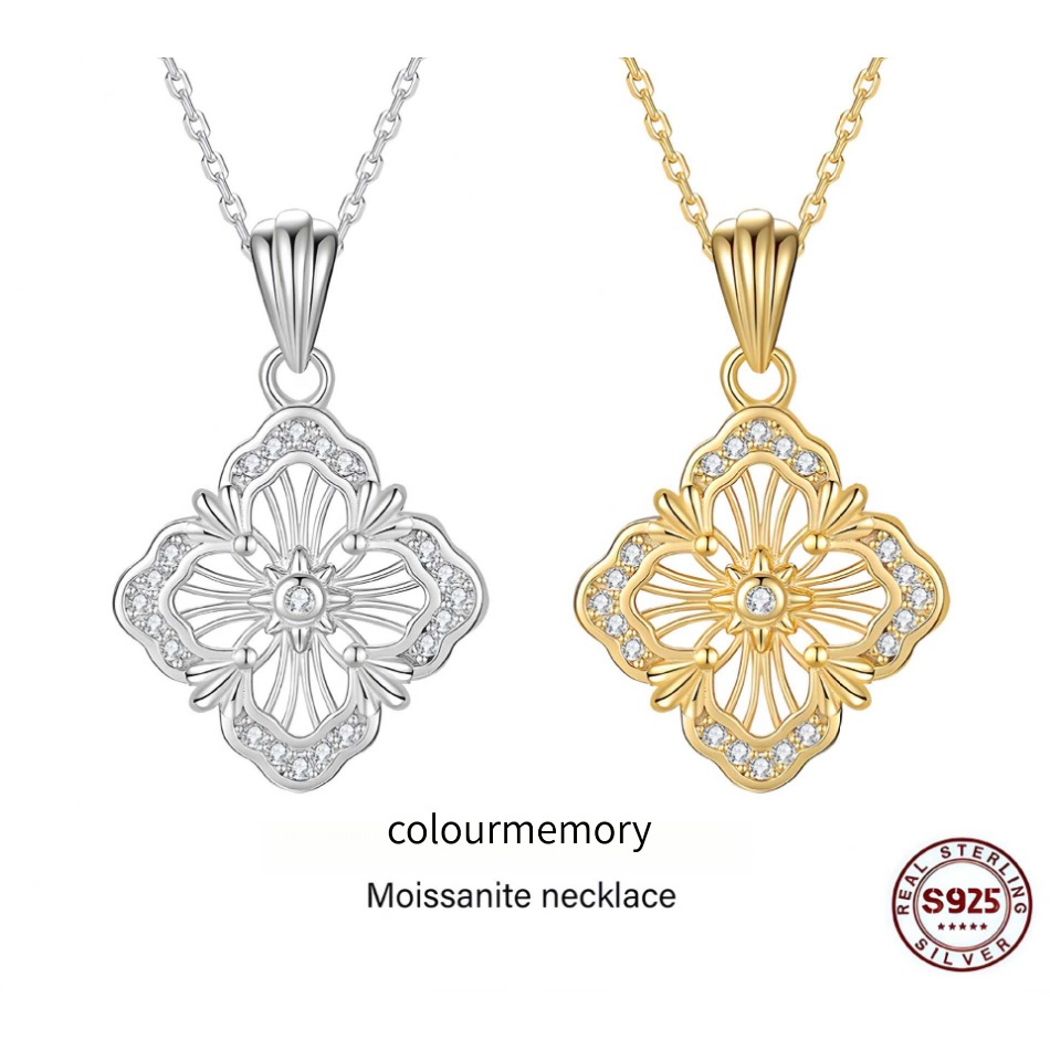 Openwork Four-leaf Clover Moissanite Pendant Necklace 925 Sterling Silver, Vintage Filigree Luck Charm Necklace for Women, D Color VVS1 Elegant D-image-1106542445