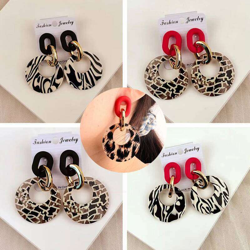 Geometric for Women Vintage Exaggerated Acrylic Black White Leopard Print Hollow Circle Earrings gifts f665c
