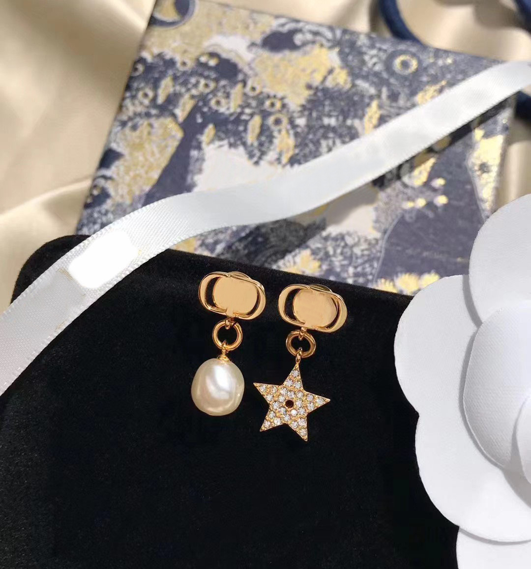 Luxery Brand Designer Designer Inspired Classic Gold Plated Asymmetrical Letter Stud Earrings - Freshwater Pearl & Star Cubic Zirconia Drop Earrings