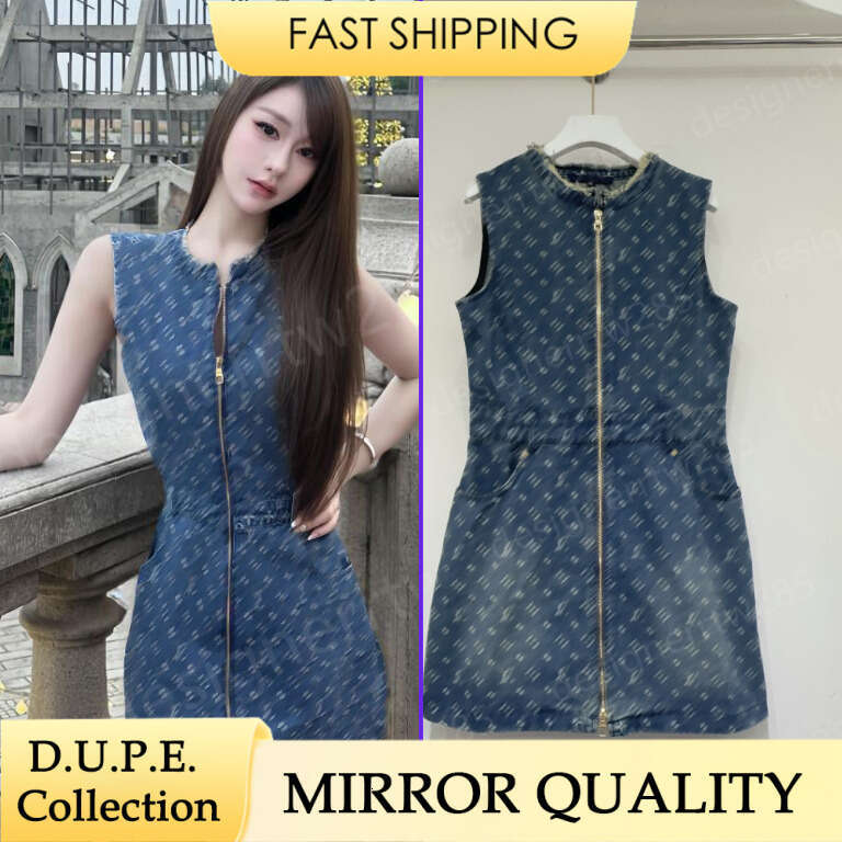 Mini robe en jean de créateur pour femmes, sans manches, fermeture éclair sur le devant, taille fine, encolure à bords bruts, luxe décontracté, S