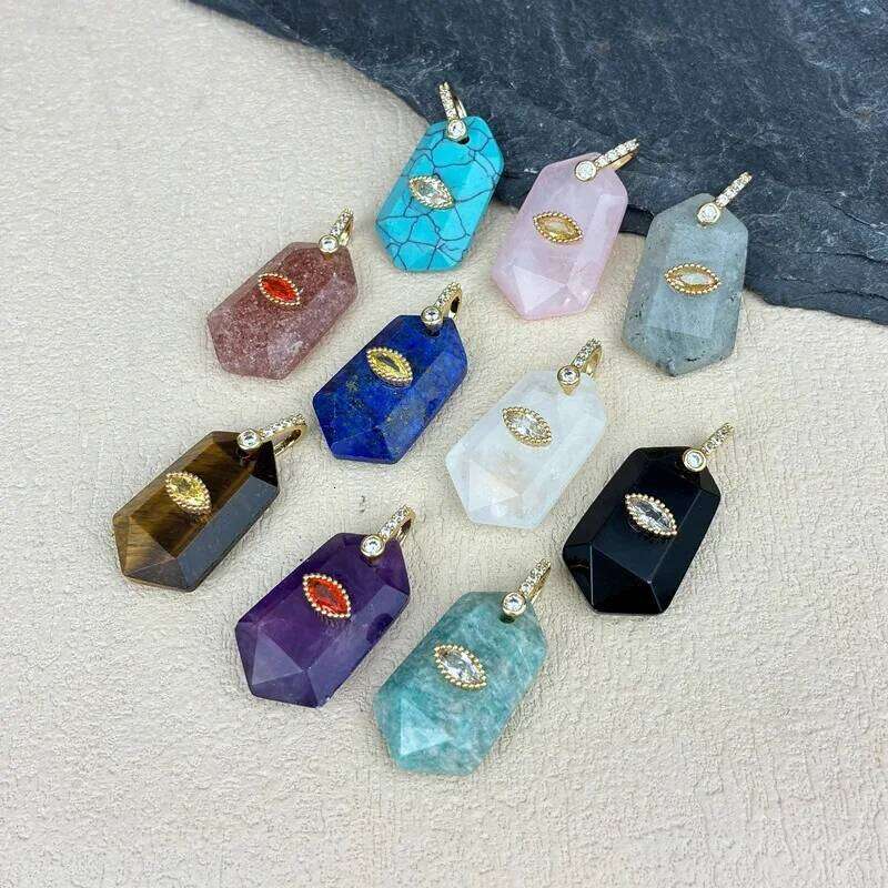 1pc Faceted Geometric Natural Stone Pendants with Inlaid Zircon Charms for Necklace Jewelry Making Rose Quartz Tiger Eye ddad9