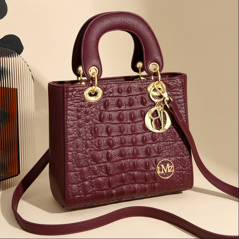 Women Crocodile Embossed PU Leather Top Handle Handbag, Elegant Square Structured Crossbody Shoulder Bag with Detachable Strap 222