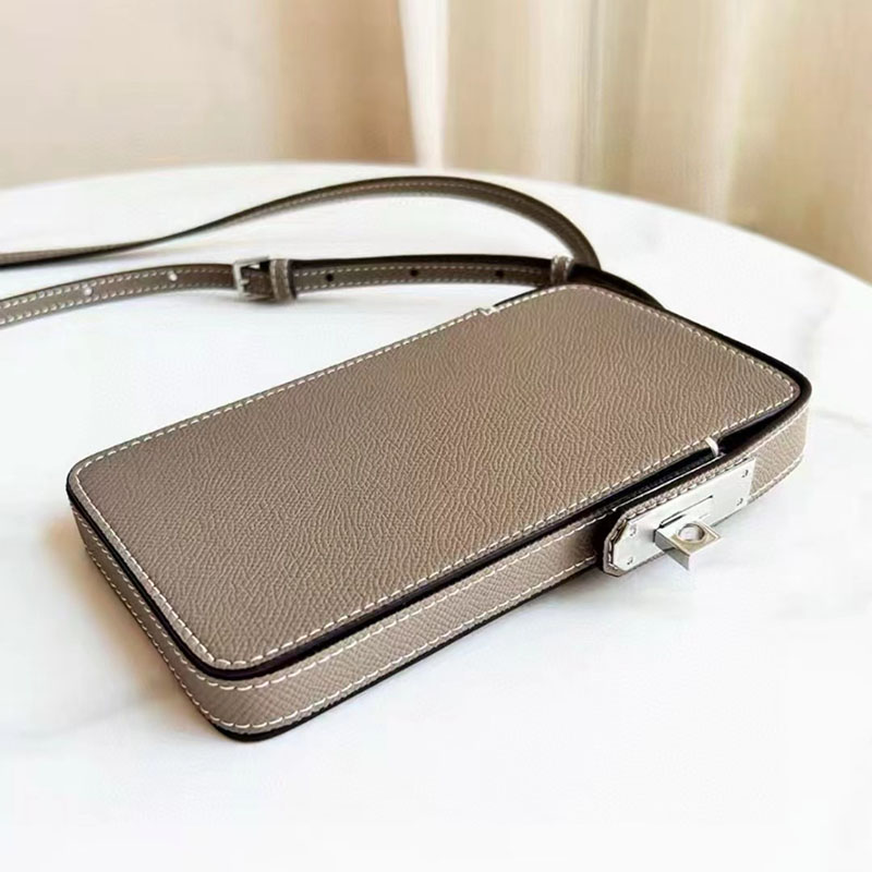 Designer Hasp Lock Box Phone Bag for Women Luxury Genuine Leather Crossbody Card Holder Lady Purse Adjustable Shoulder Strap Side Pocket Silver H-image-1106589632