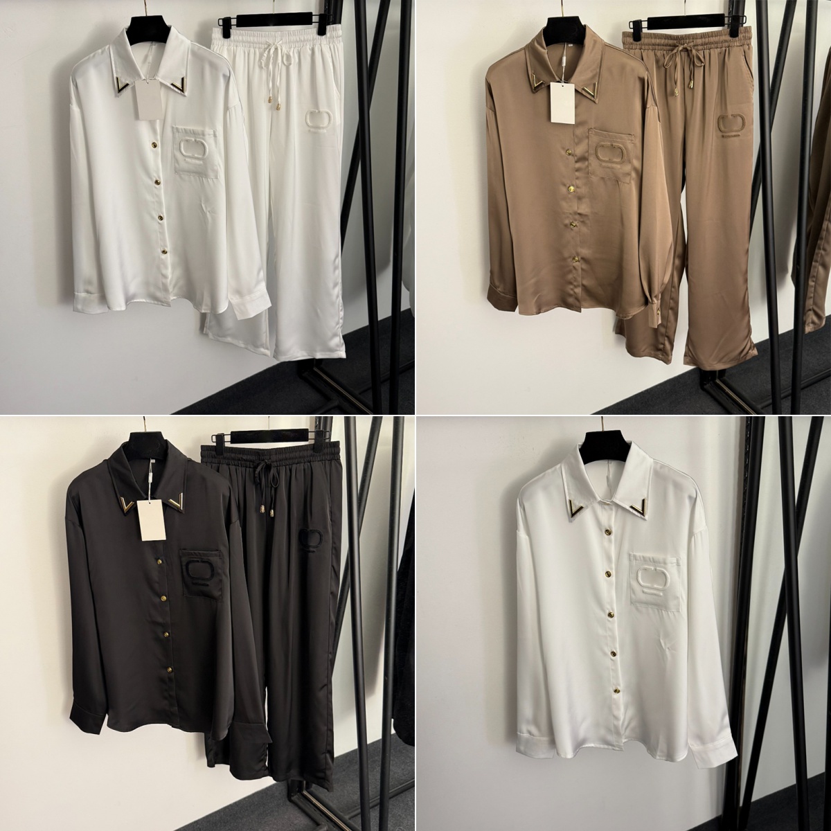 Lettre poche chemisiers pantalons femmes revers cou t-shirt pantalon costume deux pièces décontracté vêtements de nuit intérieur extérieur luxe p