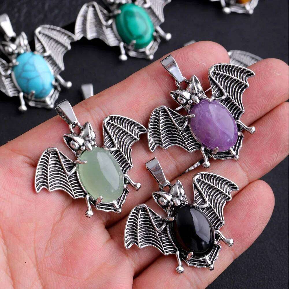 Halloween Crystal Stone Bat Vintage For Women Necklace Natural Amethyst Rose Quartz Lapis Lazuli Pendant Jewelry Making ddf44