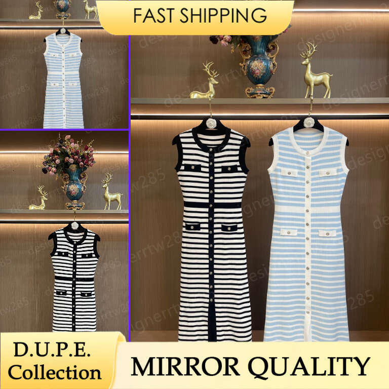 Sandro Style Black White Striped Knit Maxi Dress Women Sleeveless Rhinestone Button Faux Pocket Front Slit Elegant Bodycon Tank Dress-image-1106625355