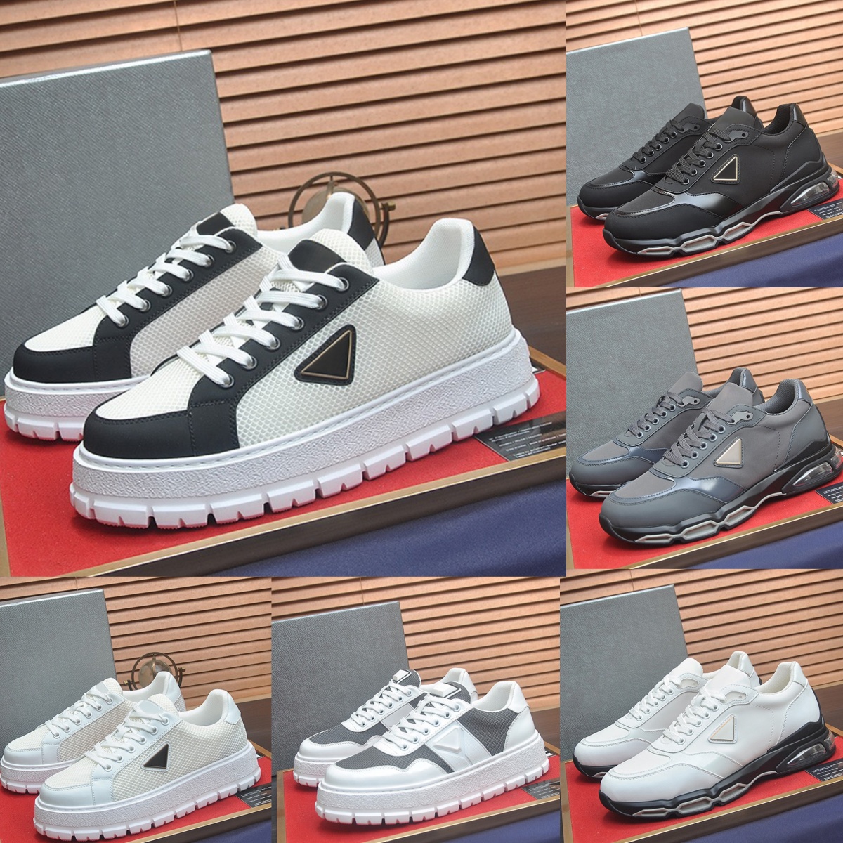 High Quality Designer Mesh Sneakers Men Prandas Genuine Leather Platform Triangle Logo Low Top Lace Up Trainers Fashion Breathable Casual Dad Sports