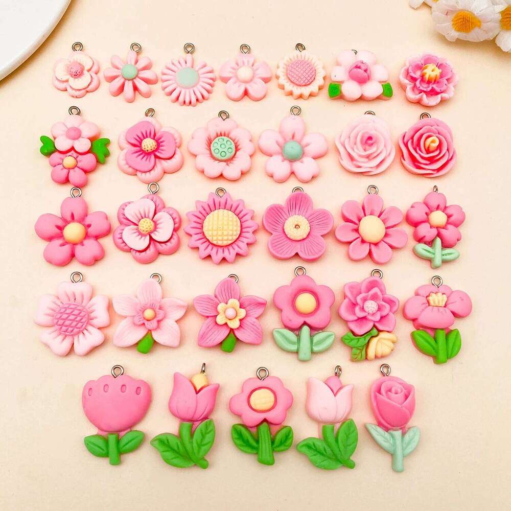15/30pcs/lot Cute Resin Pink flower Charms for Jewelry Making Diy Earring Bracelet Pendants Accessories Findings 1fa7c