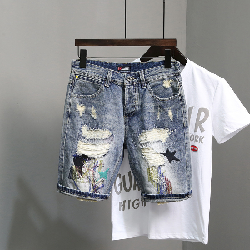 Designer Luxurious Men's Casual Pants Hole y Denim Shorts Sewing Embellishments Fashionable Street Style Cool Guy Extra Slim Fit Design