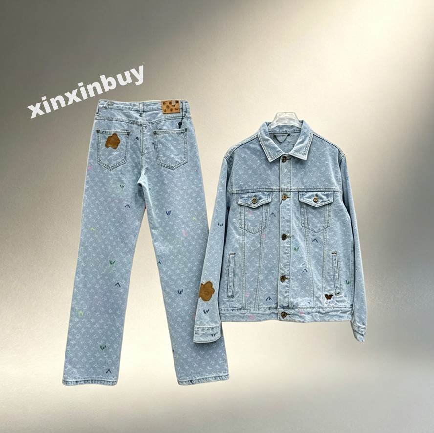 Xinxinbuy Hommes Designer Manteau Veste Denim lambrissé Lettre colorée broderie jacquard ensembles à manches longues femmes bleu noir blanc S-2XL