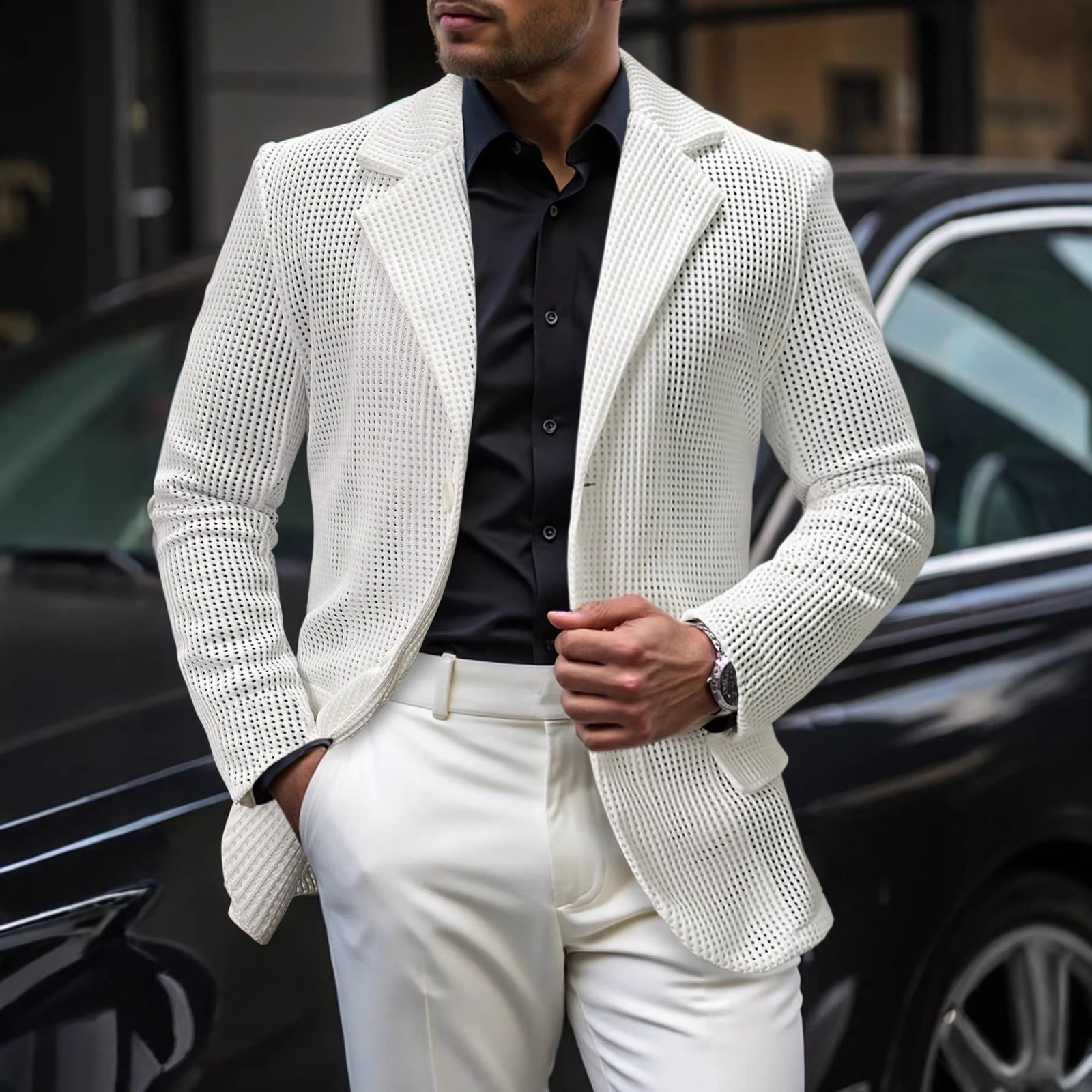 Mens Hollow Crochet Suit Coats Fashion Notch Lapel Two Button Long Sleeve Blazer Casual Solid Double Pockets All-match Jacket 251211