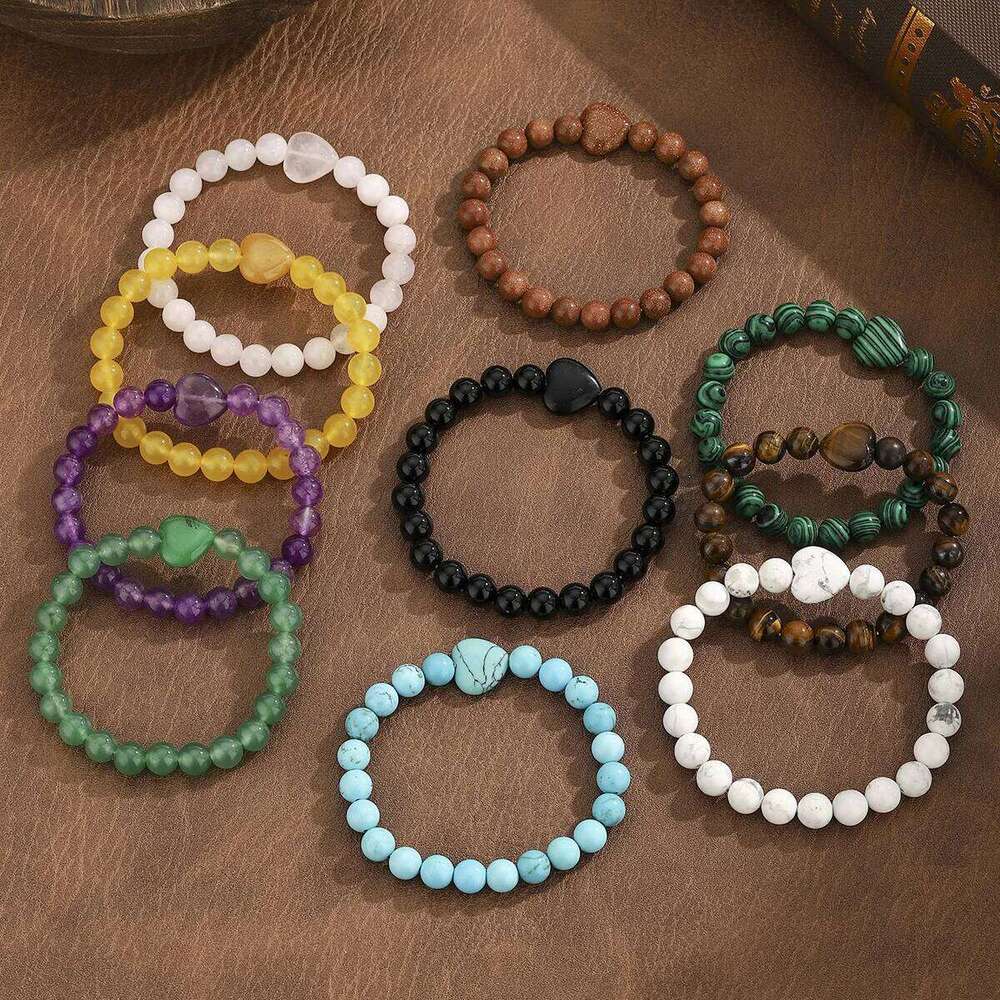 1pc Heart Natural Stone Bead Bracelets For Women Men Rose Quartzs Amethysts Tiger Eye Elastic Bracelet Healing Reiki Jewelry 6649b