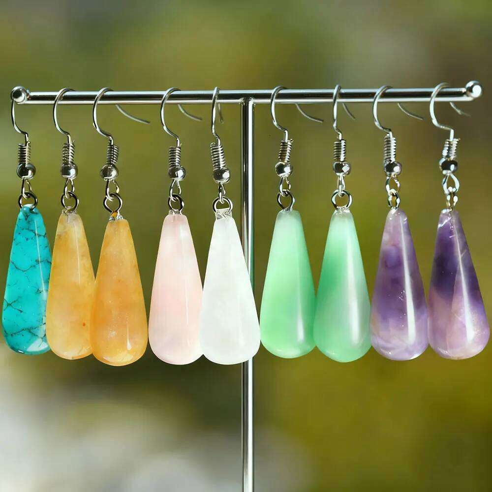 1pc Natural Amethyst Green Aventurine Rose Quartz Tiger Eye Stone Pendant Earrings Bohemian Women's DIY Jewelry 34050