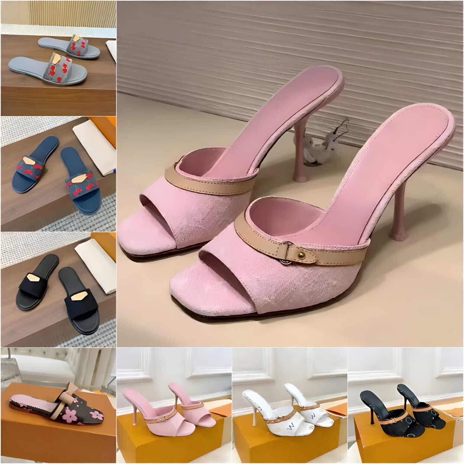 Lvs high shoes Paris Designer Women's Slides Sandals Pink High Heel Classic Letter Print Square Toe Buckle Summer Casual Comfortable Shoe