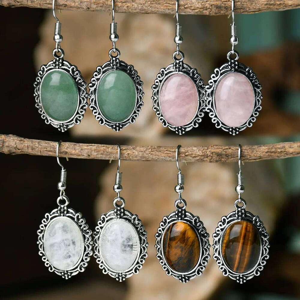 1pair Natural Stone Rose Quartz Green Aventurine Tiger Eye Pendant Bohemian Women's Fashion Earrings Jewelry Gifts a351d