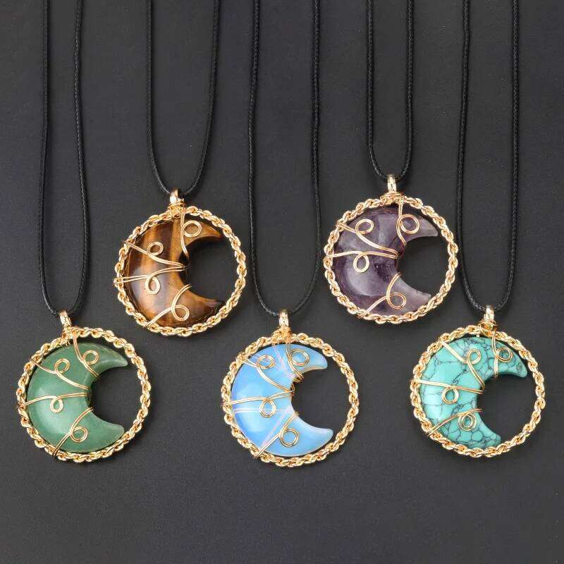 Natural Stone Wrapped Copper Wire Moon Pendant Crystal Rose Quartz Tiger Eye Amethysts Opal Women Necklace DIY Jewelry Accessory 87318
