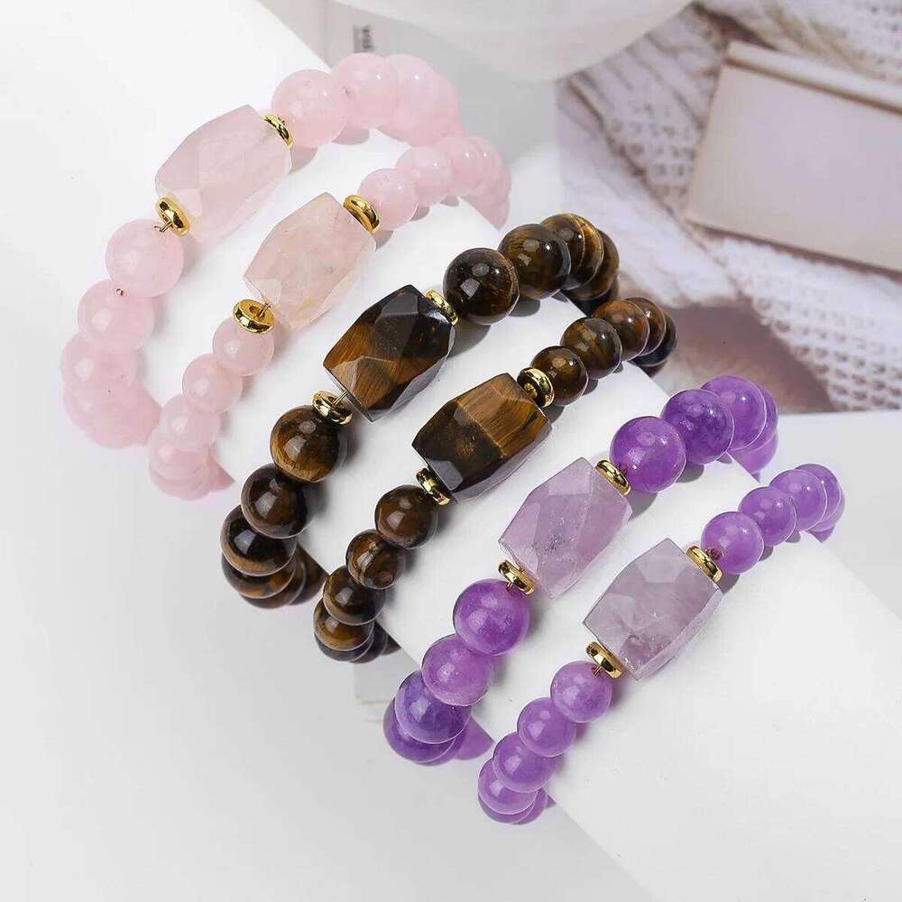 1pc Square Amethysts Beads For Women Men 8mm Natural Stone Rose Quartzs Elastic Bracelet Jewelry Gifts 4eb88