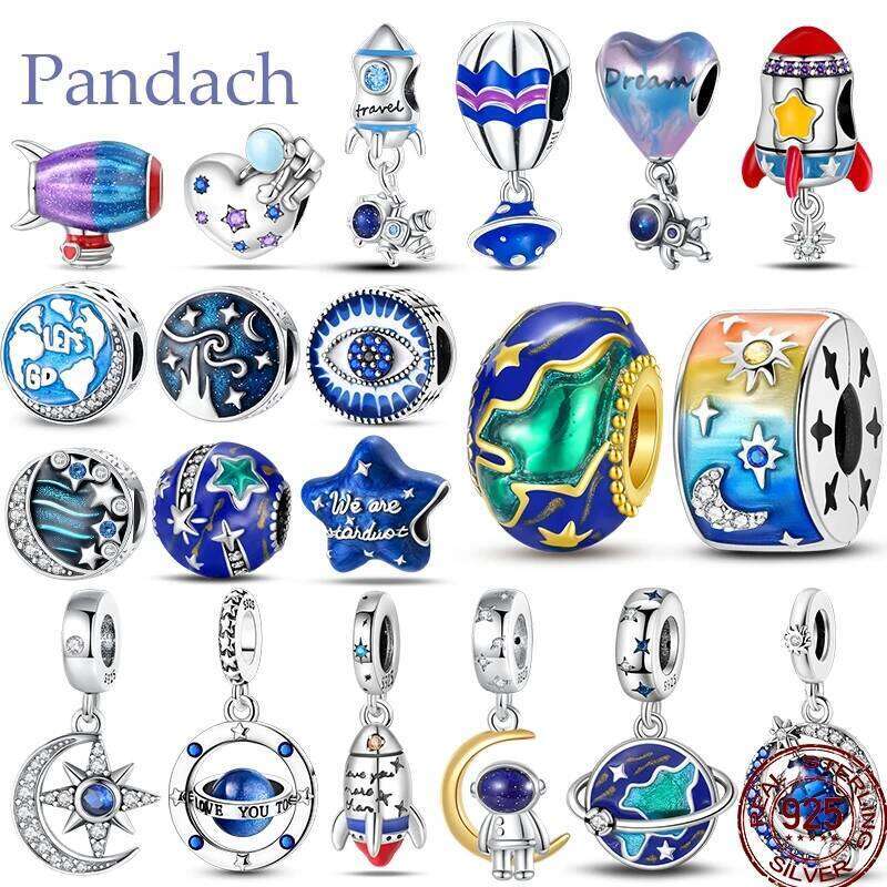 925 Sterling Silver Starry Sky Astronaut Rocket Colorful Blue Zircon Pendant Beads Suitable Fit Pan Original Bracelet DIY 7154b