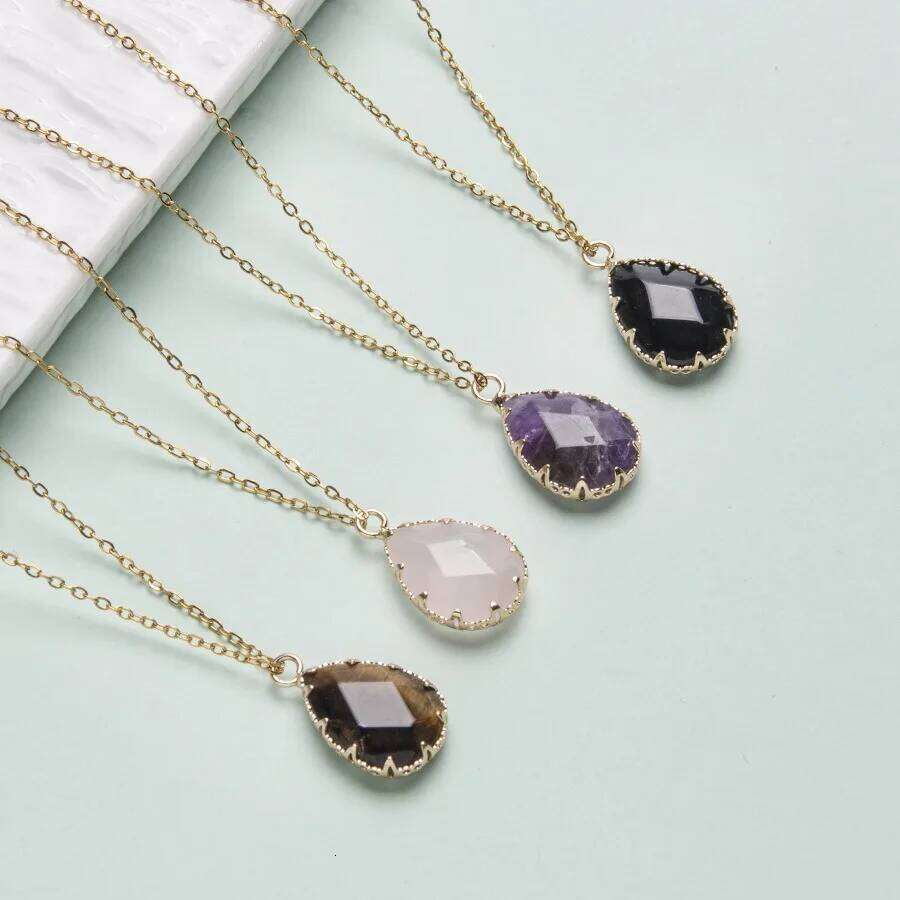 Natural Rose Quartzs Plated Golden Water Drop Shape Pendants for Jewelry Accessories Teardrop Shaped Necklace 86ba2