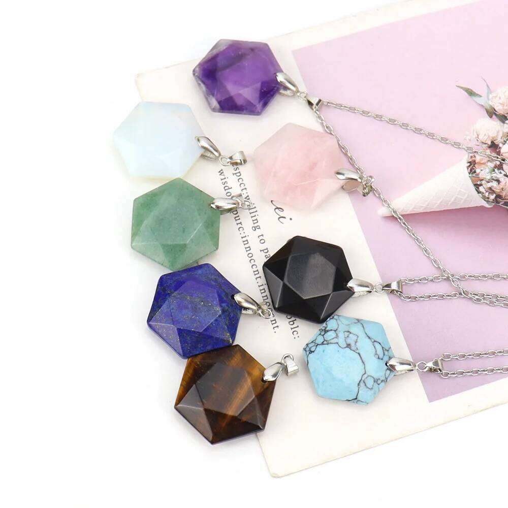 1pc Natural Hexagram Stone Pendant Hexagon Faceted Rose Quartz Necklace Jewelry for Men Women f4d57