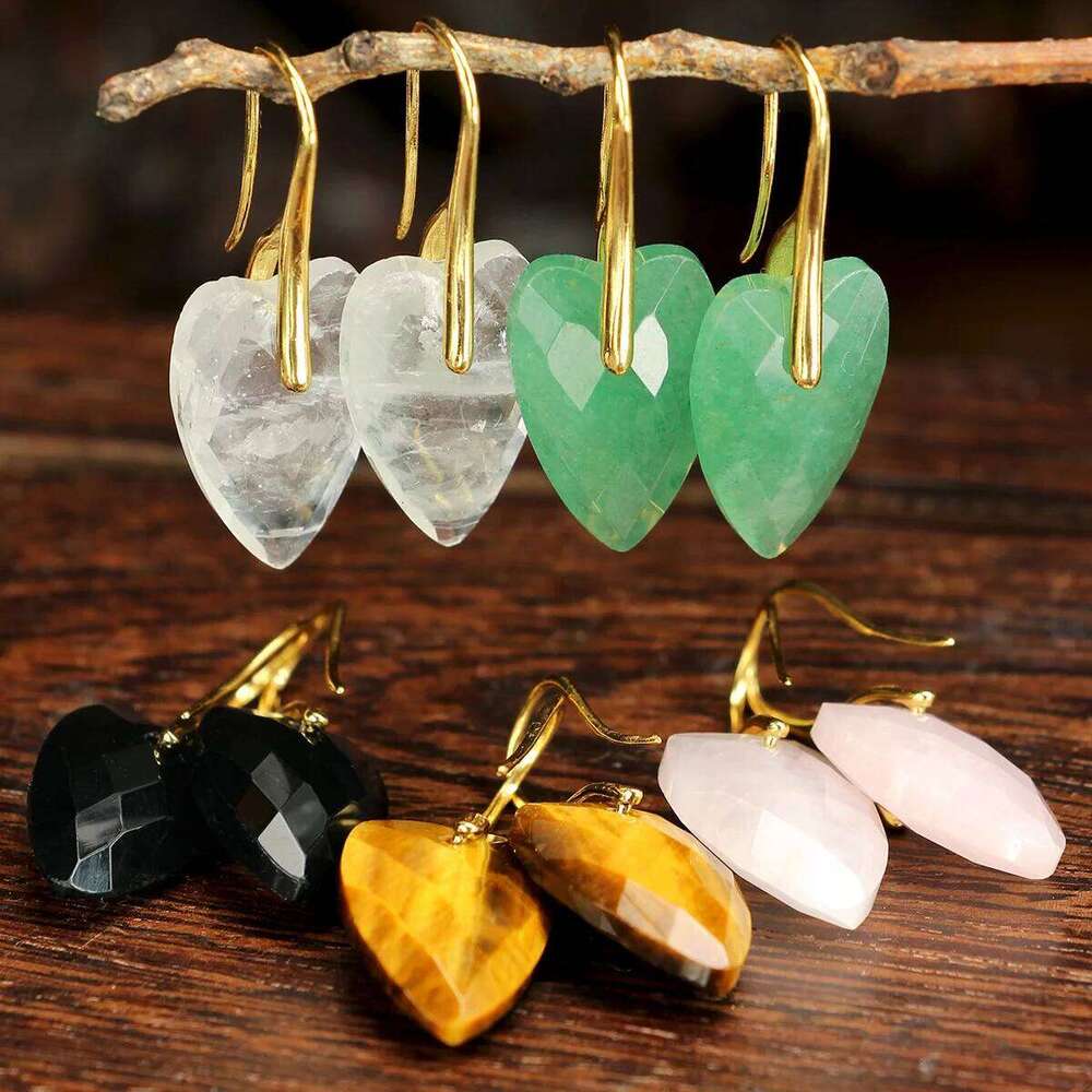 1pair Natural Stone Earrings Amethyst Rose Quartz Green Aventurine Faceted Heart Pendant For Women 6bb69