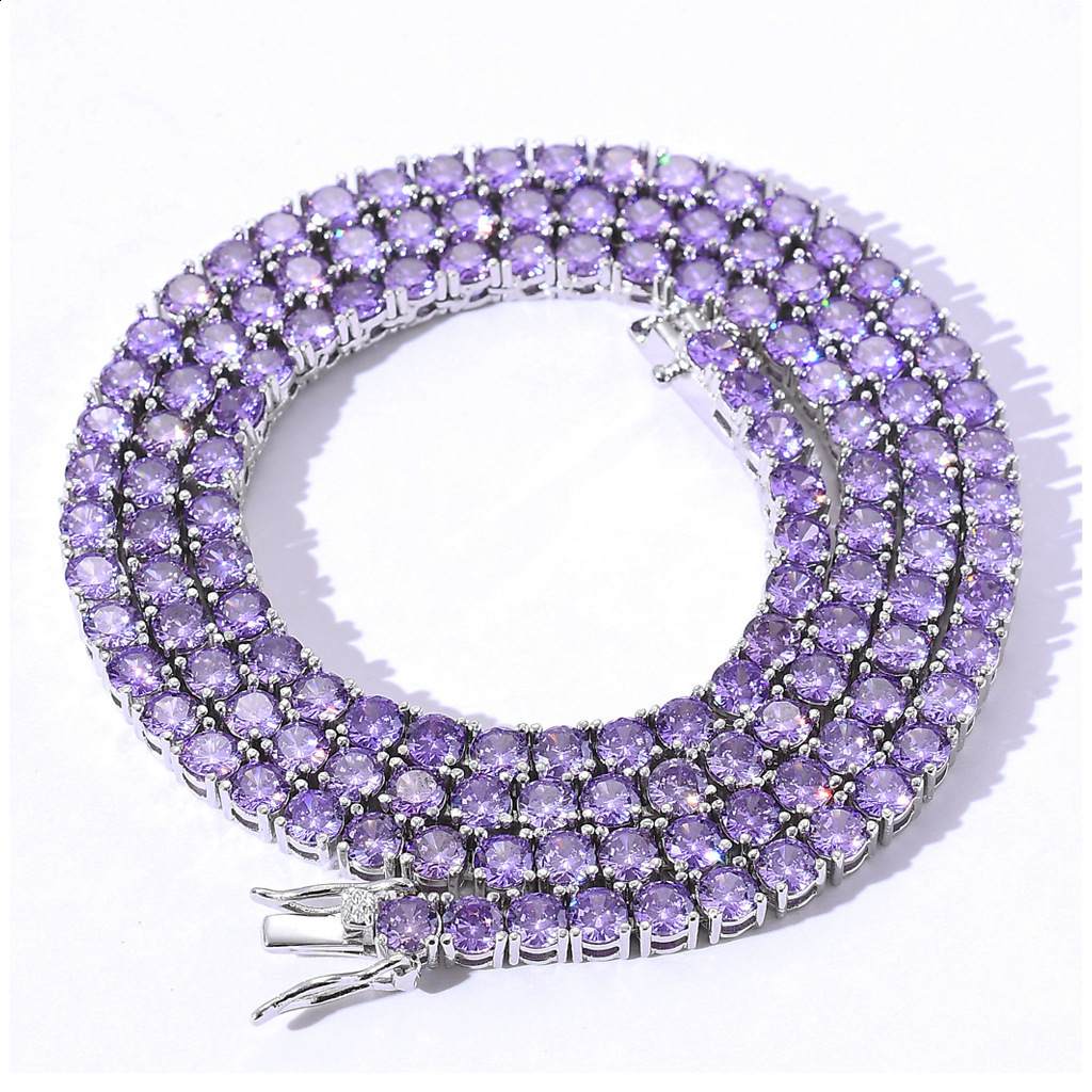Aokaishen Purple Tennis Chain Necklace Hip Hop Rock Street Jewelry AA Cubic Zirconia 24K Real Gold Color Plated 250609