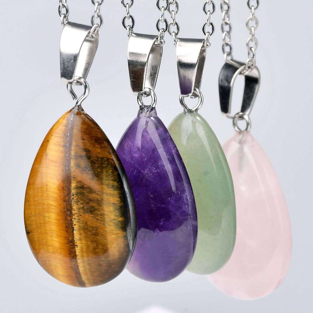 1pc Fashion Natural Stone Amethyst Rose Quartz Water Drop Pendant Necklace Bohemian Women's Elegant Festival Party Jewelry 4ba8d