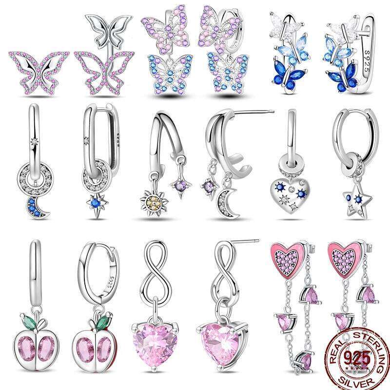 925 Sterling Silver Spring Butterfly Starry Pink Colored Zirconia Original Design Charm Earrings Fit Engagement Party 2b870