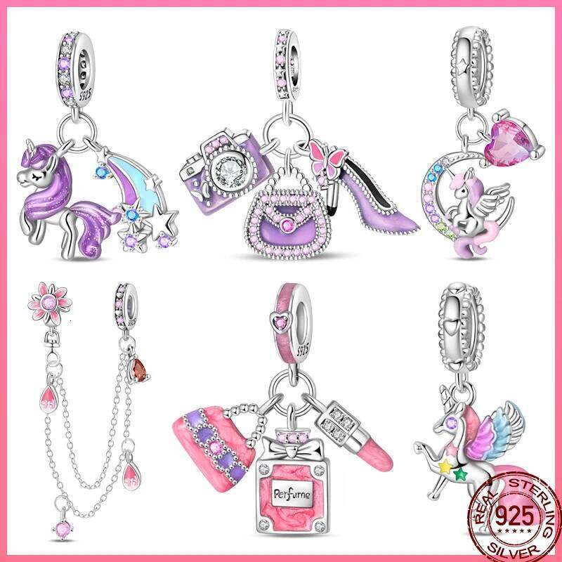 Sweet 925 Sterling Silver Princess Dress Rainbow Horse Cat Charms Beads Fit Pan Original Bracelets DIY Jewelry 609b3