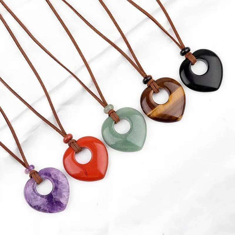 Natural Stone Heart Shape Pendant Adjustable Rope Necklace Chakra Green Rose Quartz Topaz Gmes Amethyst Gemstone Jewelry Gifts 4377f