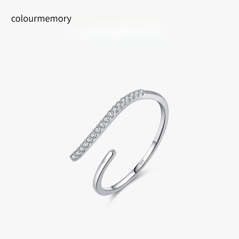 S925 Sterling Silver Geometric Line Micro Pave CZ Open Ring, Adjustable, Ins Minimalist Style, For Women-image-1106642255