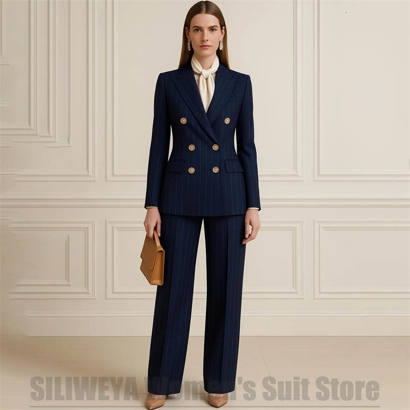 Navy Blue Striped Women Suits Double Breasted Lapel Blazer and Pants 2 Piece Elegant Formal Casual Office Work Outfit 260516BJ