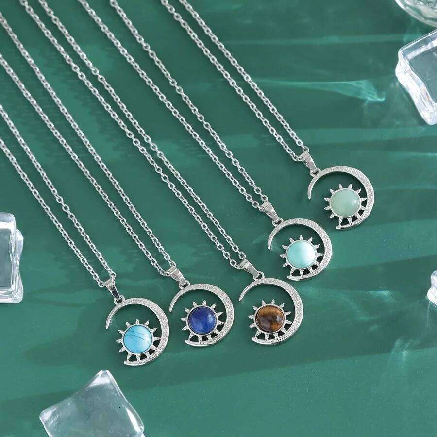 Natural Crystal Stone Inlaid Sun Moon Pendant Amethyst Rose Quartz Classic Charm Necklace Jewelry for Women fd5e2