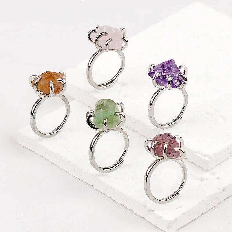 1pc Natural Raw Stone Rings Rose Quartz Citrine Amethyst Fluorite Crystal Vintage 6 Prong Copper Setting Adjustable Open Ring 5132c