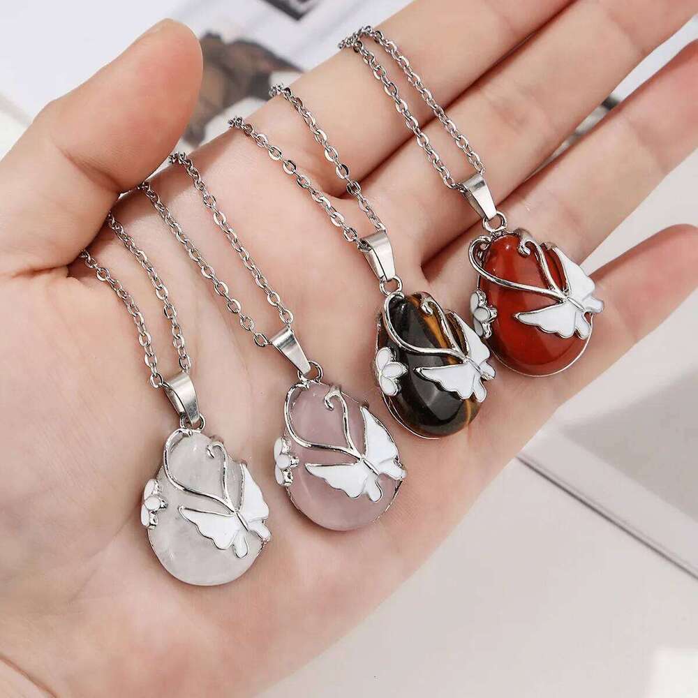 1pc Vintage Wire Wrap Butterfly Natural Stone Rose Quartz Amethyst Opal Healing Crystal Pendant Necklace 7c6a8