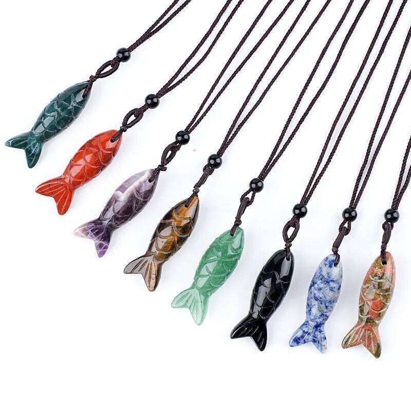 1pc Natural Stone Fish Pendant Women Amethyst Rose Quartz Jasper Crystal Man Adjustable Rope Necklace Jewelry cb43c