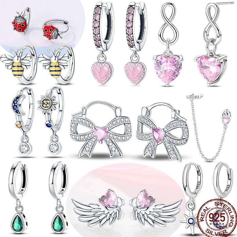 S925 Silver Pink Heart Bow Hoop/Stud/Drop Earrings with Sparkling Zirconia, Star Moon, Bees & Ladybug Charms Jewelry Gifts f0561