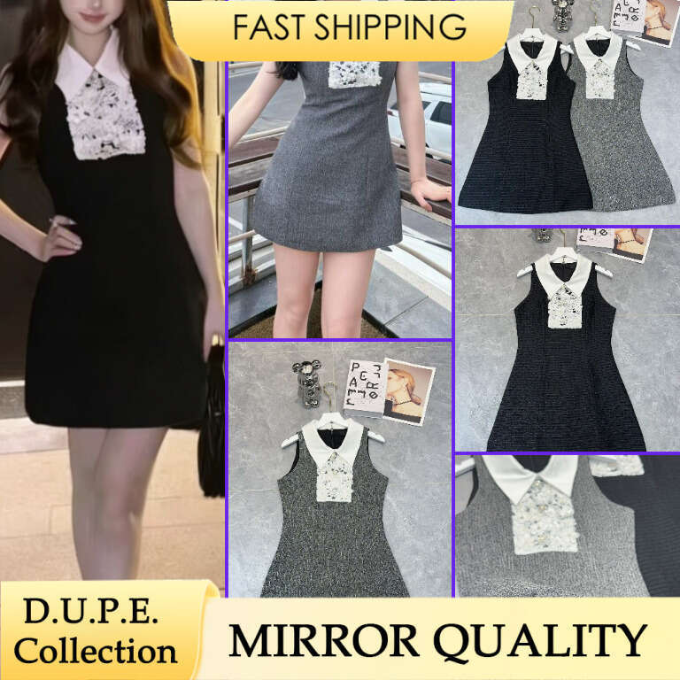 Designer Tweed Dress Sleeveless Women Contrast Collar Luxury A-Line Mini Dresses Lace Floral Embroidery Pearl Elegant Vestido-image-1106623787
