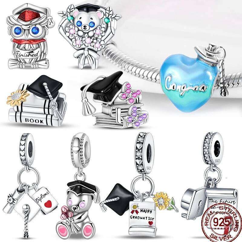 Graduation Series 925 Pure Silver Bachelor's Hat Certificate Flowers Charms Beads Fit Pan Original Bracelets DIY Jewelry 97d87
