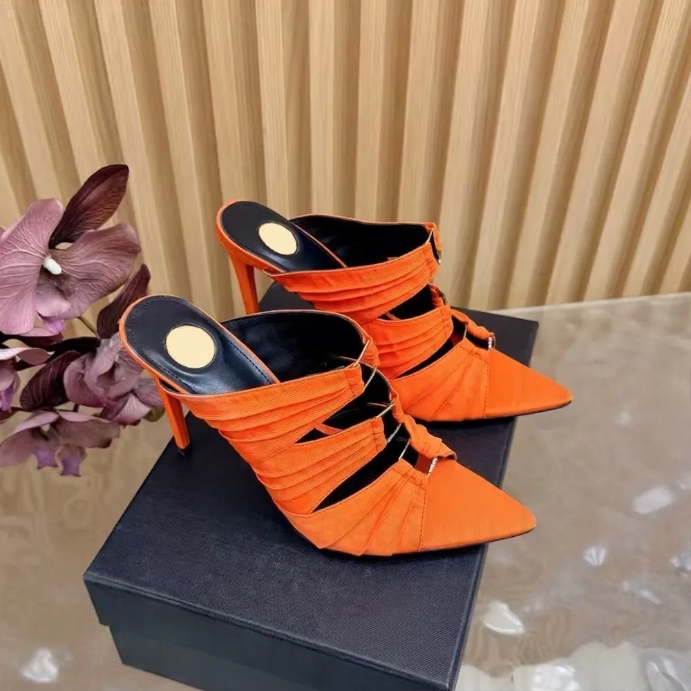 Designer satin pointed rhinestone travel stiletto heel mules Luxury business party evening High heels Women's hollowed-out metal buckle outdoor