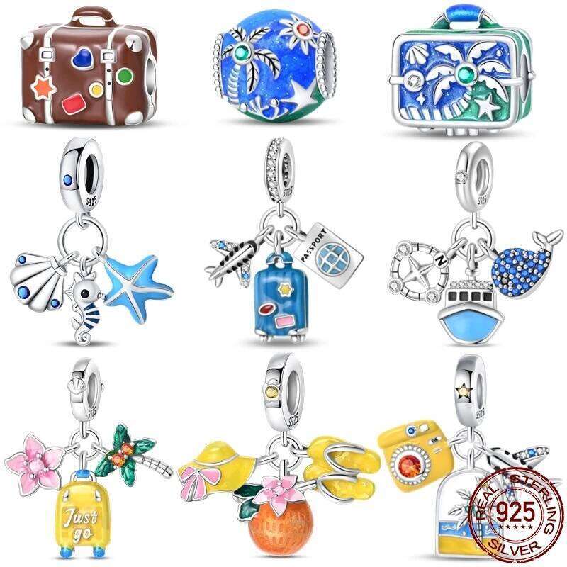 925 Sterling Silver Travel Series-Beach Ocean Suitcase Charms Fit Original 3mm Pan Bracelet For Women Birthday Fine Jewelry Gift 577f6