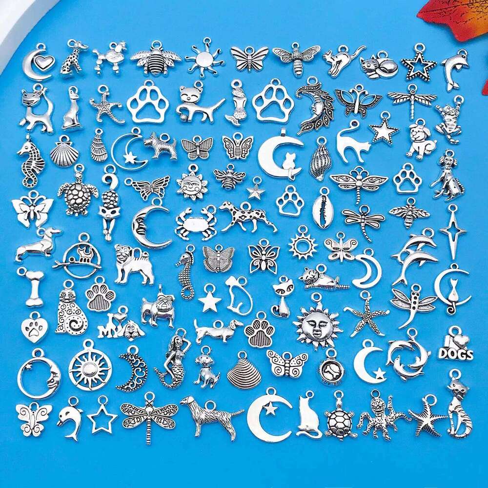 100pcs Vintage Silvery Alloy Charms Pendants for DIY Bracelet Necklace Earrings JewelryMakingAccessories Animal Moon Star Butter ffe6c