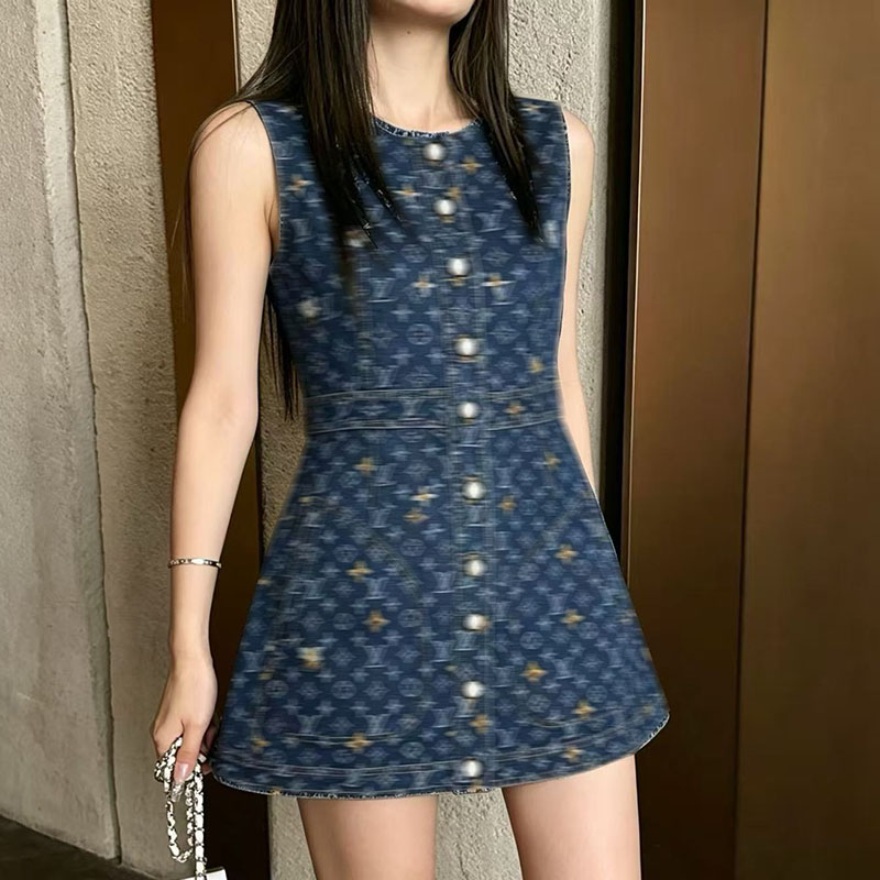 Ladies' temperament sleeveless denim vest dress 2026 summer new item single breasted slimming high-quality dress
